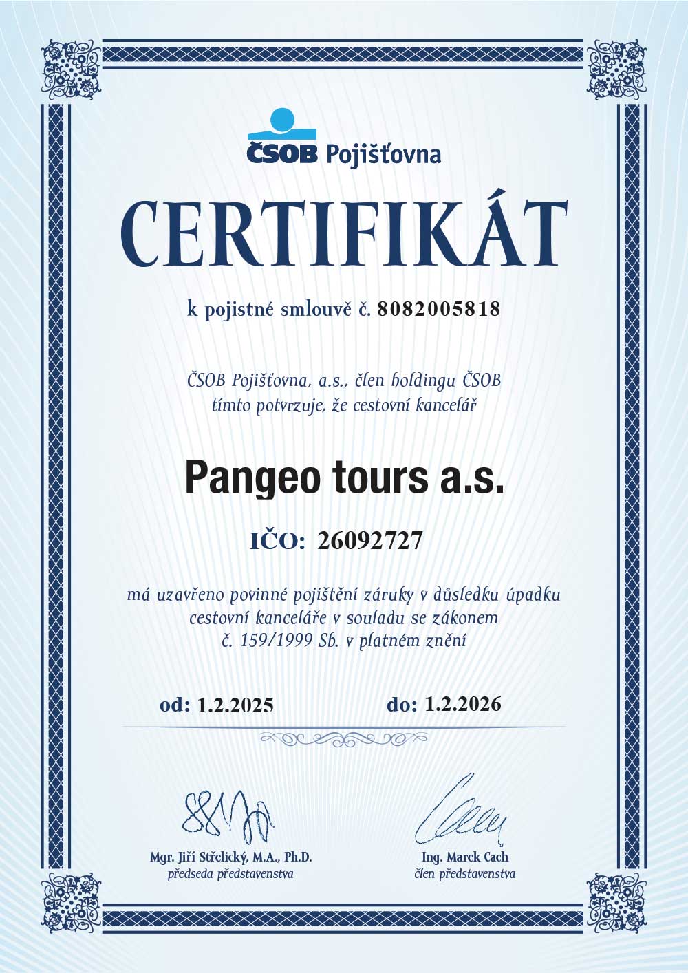 Pojištění záruky pro případ úpadku CK Pangeo tours a.s. - 2025
