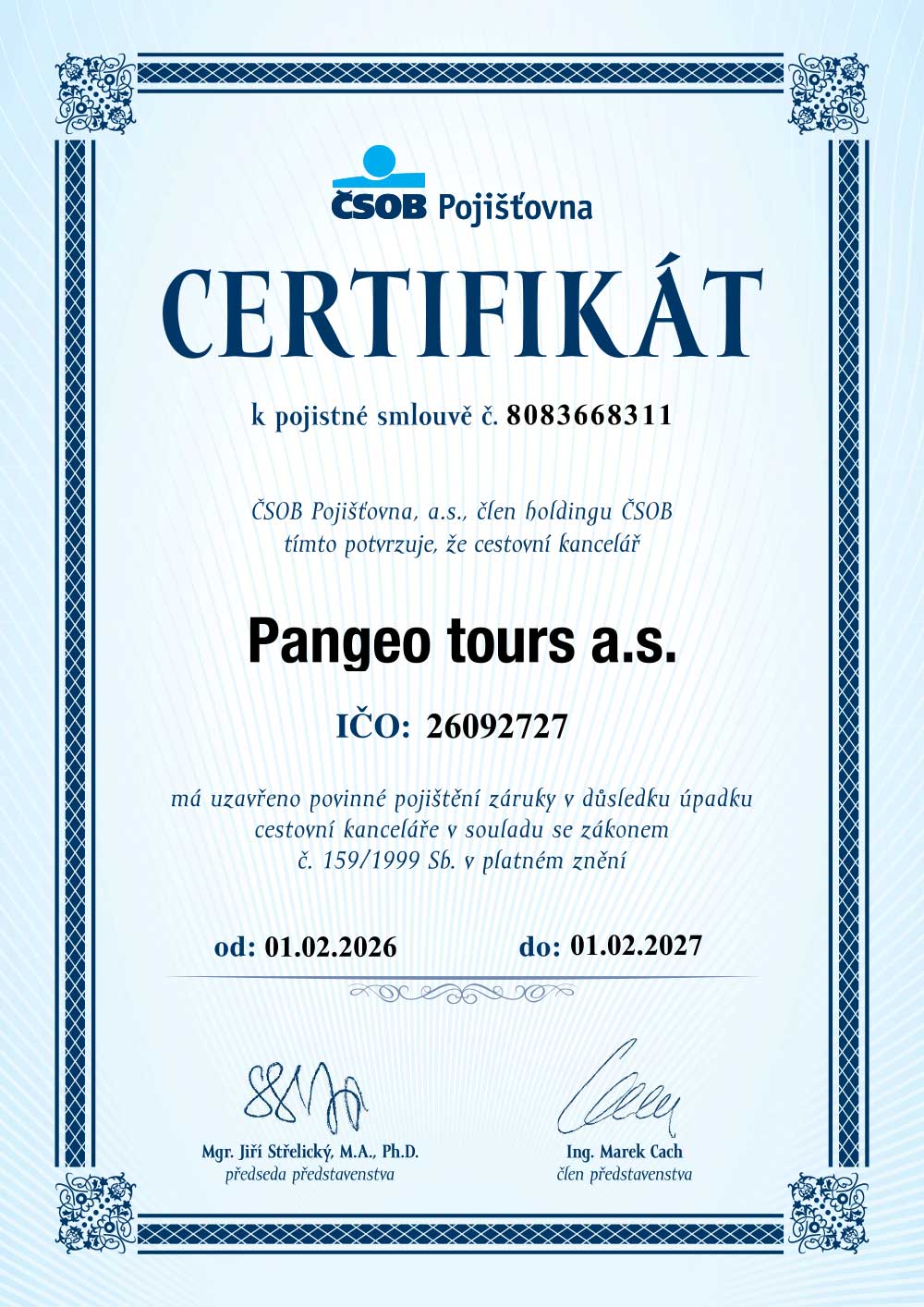 Pojištění záruky pro případ úpadku CK Pangeo tours a.s. - 2026