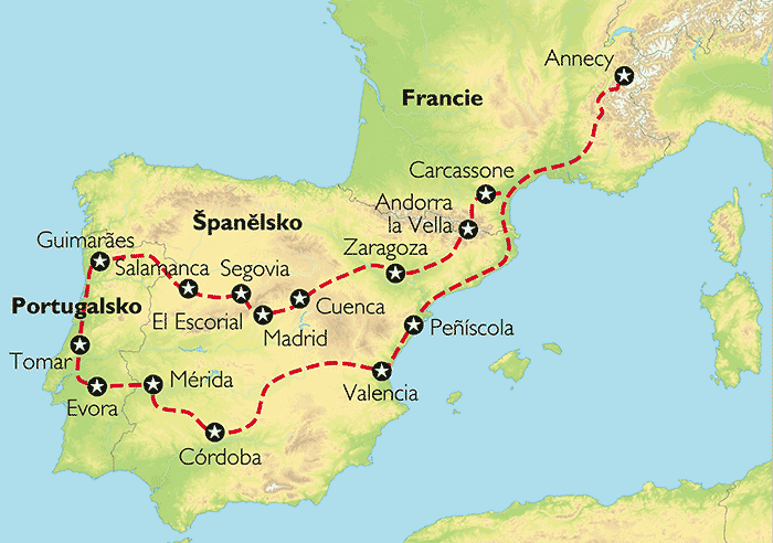 Poznávací zájezd Cestou španělských a portugalských králů, Mapa Poznávací zájezd Cestou španělských a portugalských králů, Mapa