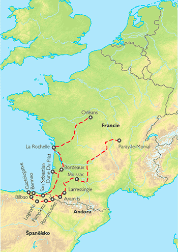 Poznávací zájezd Pyreneje a Baskicko, Mapa Poznávací zájezd Pyreneje a Baskicko, Mapa